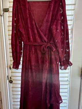 Talisea Burgundy Lace faux Wrap Dress with Tie Waist
